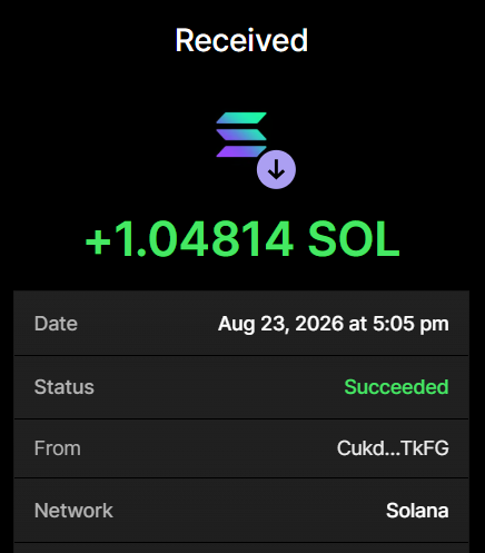 A confirmation screenshot of a successful Solana wallet transaction showing a received amount of +1.04814 SOL, with the payment sent from "Cukd...TkFG" on Aug 23, 2026 at 5:05 pm, verifying the $BULLPURR token purchase described in the post.