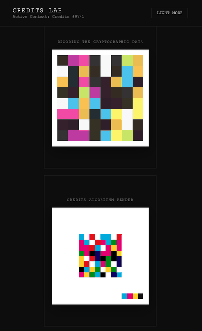 A digital interface titled 'CREDITS LAB' displaying 'DECODING THE CRYPTOGRAPHIC DATA' and 'CREDITS ALGORITHM RENDER' with colorful pixelated grids.