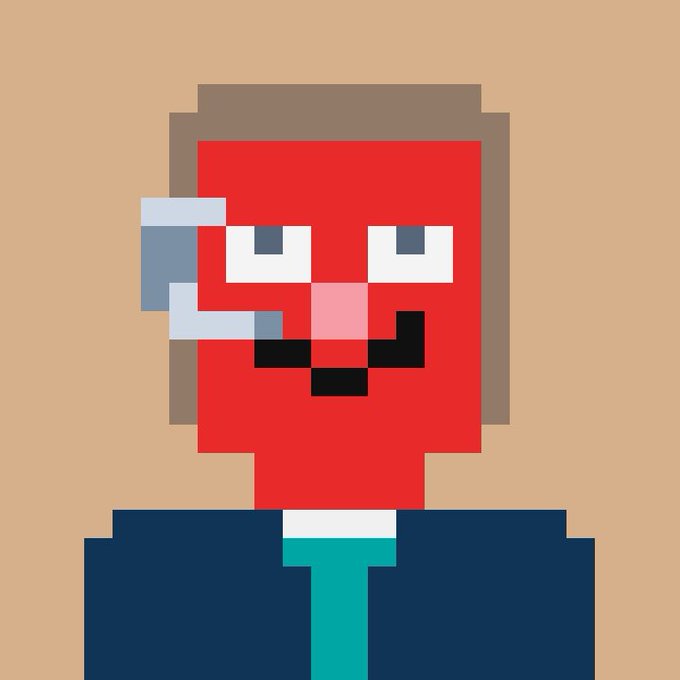 A pixel art style portrait of a red-faced character with brown hair wearing a dark blue suit, white shirt, and teal tie.