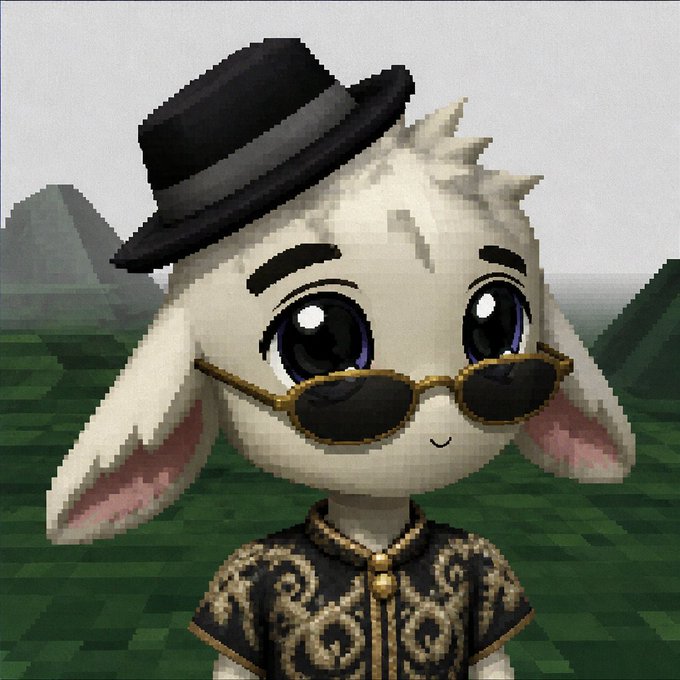 A cartoon avatar of a fluffy white creature wearing a black top hat, gold-rimmed sunglasses, and an ornate black and gold outfit stands in front of a checkered green landscape. The stylish, confident appearance of the character complements the post's promotional message offering discounted "Pampi" NFTs for 0.15 Solana.