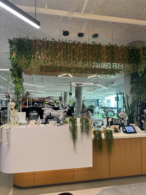 A modern office or café reception area decorated for Halloween with hanging ivy, a skeleton figure, cartoon-style skeleton cutouts, and trailing plants draped over a white counter.