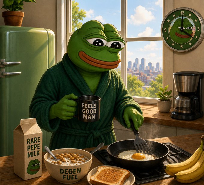 A cartoon image of Pepe the Frog in a green bathrobe stands in a kitchen holding a spatula over a frying pan with an egg; nearby items include a carton labeled 'RARE PEPE MILK', a bowl labeled 'DEGEN FUEL' with cereal, a coffee mug reading 'FEELS GOOD MAN', and a clock featuring a Pepe face.
