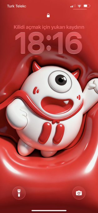 A phone lock screen displays the time "18:16" over a 3D-rendered white bull with red horns emerging from glossy red liquid, with Turkish text "Kilidi açmak için yukarı kaydırın" (slide up to unlock) and carrier "Turk Telko" visible—matching the post's celebration of the "TRON Bull" wallpaper aesthetic.