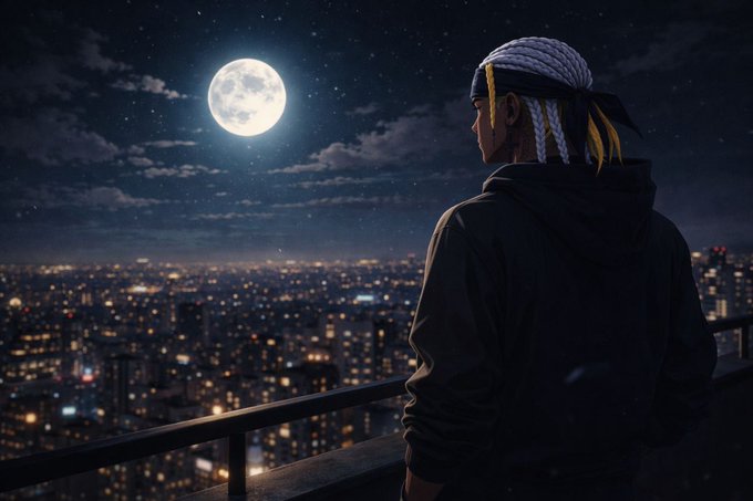 An anime-style illustration of a young man with white braided hair and a bandana, wearing a dark hoodie, looking out over a city skyline at night beneath a bright full moon.