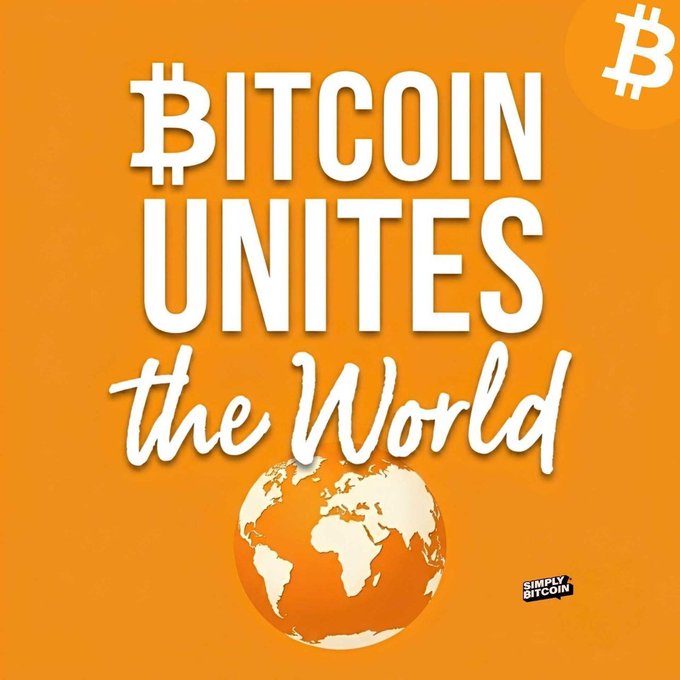 This graphic features a vibrant orange background with bold white text declaring "BITCOIN UNITES the World," accompanied by the iconic Bitcoin logo in the upper right corner and a stylized globe at the bottom. The design reinforces the post's message by visually connecting Bitcoin's symbol with a representation of Earth, suggesting global unity through cryptocurrency, with a "Simply Bitcoin" watermark in the corner.