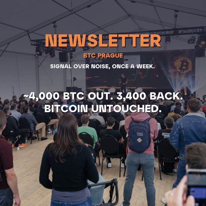 A conference scene with text overlay reading "NEWSLETTER BTC PRAGUE", "SIGNAL OVER NOISE, ONCE A WEEK.", and "~4,000 BTC OUT. 3,400 BACK. BITCOIN UNTOUCHED."