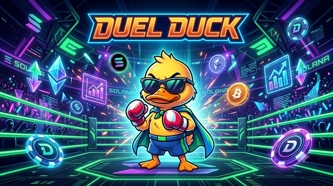 A vibrant promotional graphic titled 'DUEL DUCK' featuring a cartoon duck wearing sunglasses and boxing gloves in a neon-lit boxing ring, surrounded by cryptocurrency logos including Ethereum, Solana, and others.