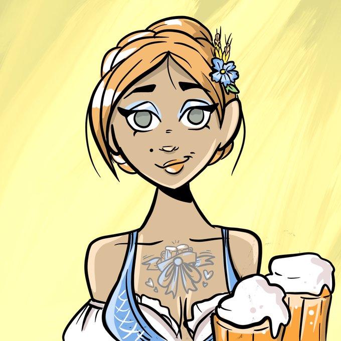 An anime-style drawing of a blonde woman with blue eyeshadow, a beauty mark, and a flower in her hair, wearing a blue corset top and holding two frothy mugs of beer against a yellow background.