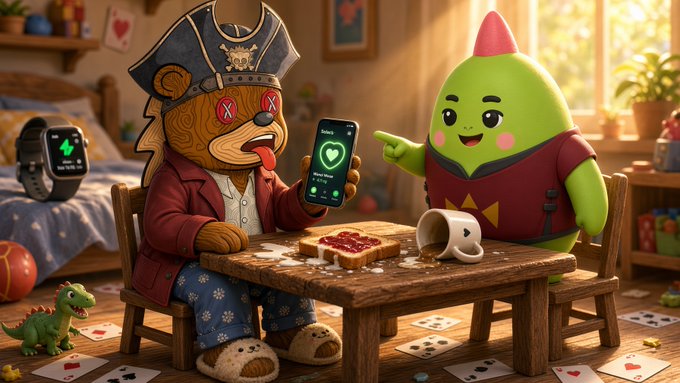 A whimsical illustration of a pirate bear character and a green character sitting at a small table with toast, while a smartwatch displays 'Heartbeat' and shows a medical reading.