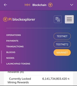 A Pi blockchain explorer mobile app interface showing menu options for Operations, Payments, Transactions, Blocks, Nodes, and Launchpad Tokens, with network toggle buttons for TESTNET, TESTNET2, and MAINNET, displaying a currently locked mining rewards balance of 6,141,734,803.420 π.