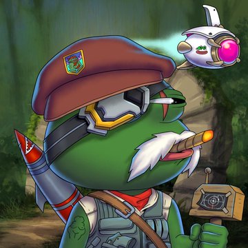 The image features a cartoon frog wearing a hat with a badge that says "Pepe Explorers". The frog has a gun, a backpack, and a cigarette in its hand. The background of the image shows a forest setting with trees and bushes. The caption below the image reads "Tonight, the official Pepe Explorers account wishes you all a very peaceful night: GN Explorers! If your partner still doesn't know about @PepeExplorers , tell them there's less than 5 days left to discover these 4 incredible NFTs before Mint Day!".
