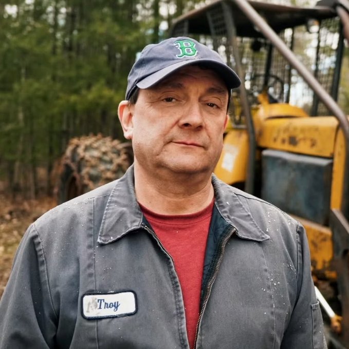 Troy, a man in a blue cap and work jacket with a name patch reading "Troy," stands in front of yellow heavy machinery in a wooded area, appearing as a working-class figure ready to confront a politician over ICE funding.