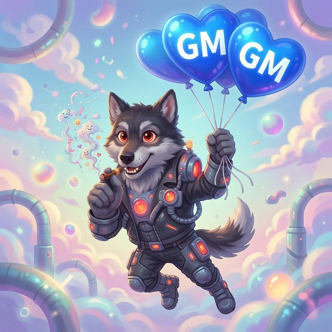A cartoon wolf in futuristic space armor cheerfully holds heart-shaped balloons displaying "GM GM" while smoking a cigar against a dreamy pastel cloud backdrop, perfectly matching the cheerful "gm gm X family, Happy Friday" greeting with its playful and celebratory vibe.