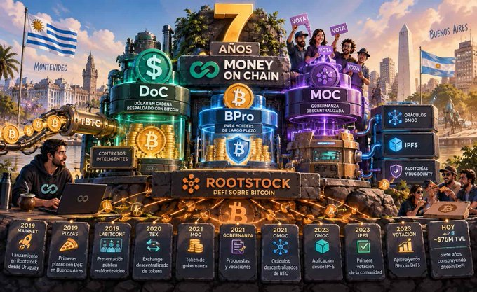An infographic celebrating '7 AÑOS MONEY ON CHAIN' featuring cryptocurrency branding including Bitcoin (BTC), Rootstock, DoC, BPro, and MOC, with a timeline showing milestones from 2019 to 2023 and a value of $76M TVL.
