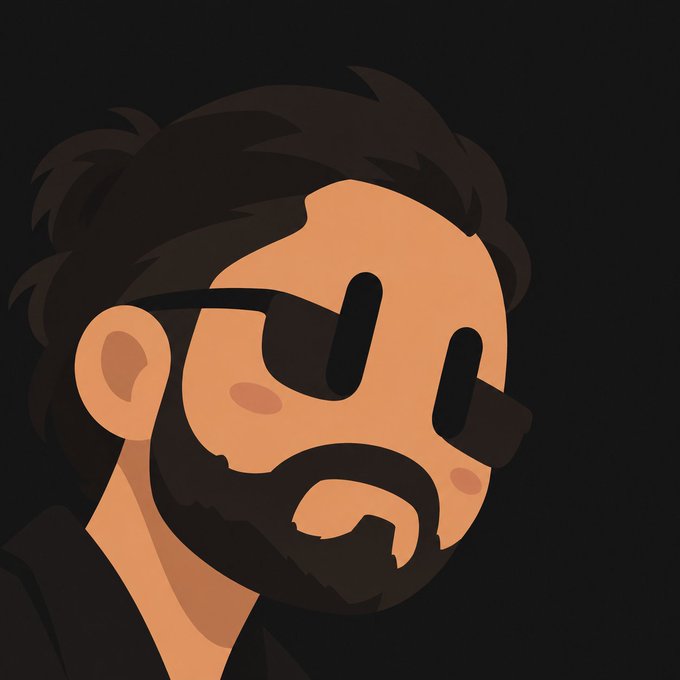 A cartoon avatar depicts a man with messy black hair, a full beard, and dark sunglasses against a black background.