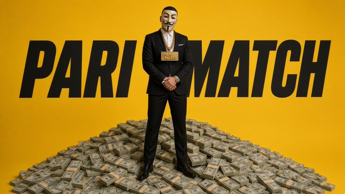 A promotional graphic with a yellow background showing a man in a black suit wearing a mask, standing atop a large pile of banded US dollar bills, with the word 'PARIMATCH' in large black letters behind him.