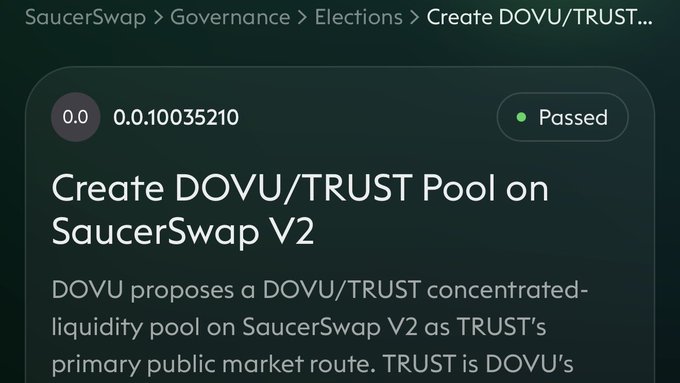 SaucerSwap governance page showing a passed proposal titled 'Create DOVU/TRUST Pool on SaucerSwap V2', with breadcrumb navigation: SaucerSwap > Governance > Elections > Create DOVU/TRUST.