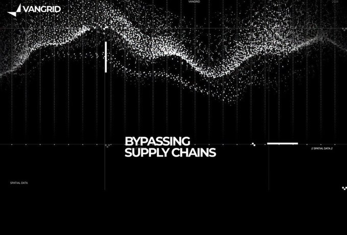 A dark, data-visualization style graphic with 'VANGRID' in the corner, featuring a dotted wave pattern and the central text 'BYPASSING SUPPLY CHAINS'.