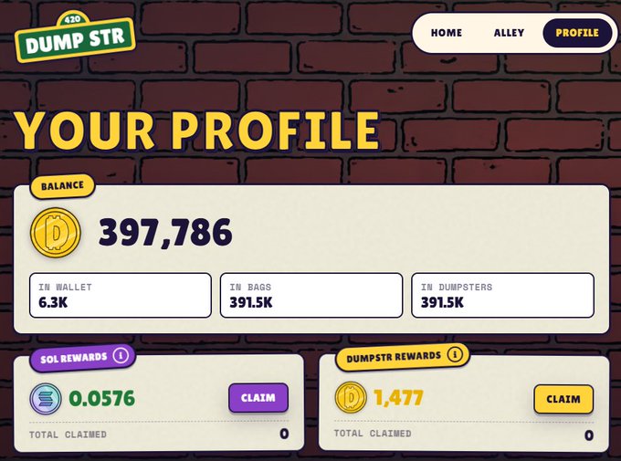 We need to write a concise 1-2 sentence caption describing what is in the image, include key text, numbers, tickers, names visible. Also note how image relates to post. So caption should mention profile page of Dumpstr, balance 397,786, SOL rewards 0.0576, dumpstr rewards 1,477, etc. Also mention that it's a profile showing staked bags etc. Let's craft: "The Dumpstr profile page shows a balance of 397,786 tokens, with 6.3K in wallet, 391.5K in bags and dumpsters, 0.0576 SOL in rewards and 1,477 DUMPSTR tokens claimable, reflecting the staked bags mentioned in the post." That's one sentence maybe two. Let's make 2 sentences. Ensure mention of key text. Let's