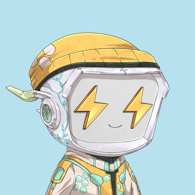 A cute robot character illustration with a white face featuring orange lightning bolt eyes and a small smile, wearing a yellow and white helmet and matching outfit with green circuit-like patterns.
