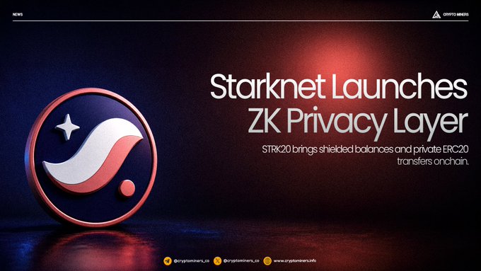 The image features a banner with a logo of a red circle containing a white star, accompanied by text that reads "Starknet Launches ZK Privacy Layer". Below this, there are two lines of text stating that the framework allows for shielded balances and private transfers on ERC20 assets. The background is dark blue, providing contrast to the bright colors of the logo and text.