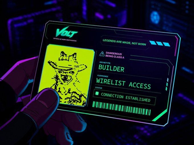 A digital illustration shows a hand holding a futuristic identification card labeled 'VOLT' with a pixelated cat image, indicating the holder is a 'BUILDER' with 'WIRELIST ACCESS' and a 'CONNECTION ESTABLISHED' status.