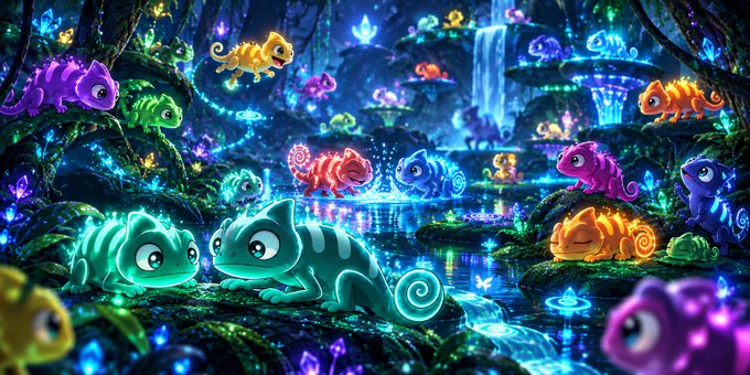 A vibrant, glowing digital illustration of chameleons in various neon colors (green, purple, orange, blue) in a mystical forest setting with a waterfall.