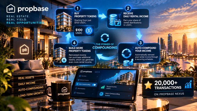 A promotional graphic for 'propbase' detailing a 4-step process for real estate token investing with USDC, highlighting 'The Power of Compounding' and '20,000+ TRANSACTIONS ON PROPBASE NEXUS'.