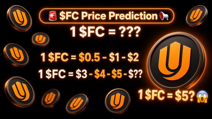 A promotional graphic asks viewers to predict the launch price of the UNICH token ($FC), suggesting a range from $0.5 to $5+ per token, with the central question "1 $FC = ???" and the speculative prompt "1 $FC = $5? 😱" displayed prominently against a black background filled with orange $FC coin icons.