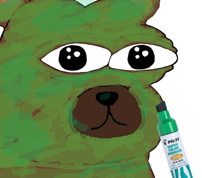 A crudely drawn cartoon frog covered in green marker scribbles stares blankly at the viewer, with a Pilot SCA-6600 green super color marker placed next to it.