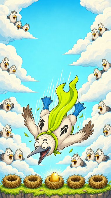 A cartoon bird wearing a yellow superhero cape diving downward with a golden egg in its beak, surrounded by smaller birds in clouds and a row of nests below.