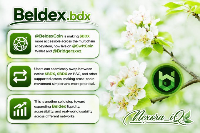 A promotional graphic for 'Beldex.bdx' featuring white flowers and text explaining its cryptocurrency accessibility across multichain ecosystems.