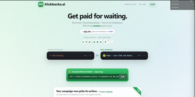 A landing page for 'Kickbacks.ai' with the headline 'Get paid for waiting', showing earnings of $32,774 paid out to developers via Stripe, and a code snippet for a Cloudflare worker integration.