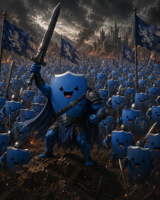 The image features a blue character, possibly a cartoon or animated figure, standing on top of a rock with a sword in hand. The character appears to be a superhero or a knight, as they are surrounded by numerous other blue characters that also have shields and swords. These characters seem to be engaged in battle, creating an intense atmosphere. The image is related to the post because it showcases a scene from a movie or TV show where the main character has just won their first battle against the evil forces of another character. This post highlights the importance of connections and attention that the creator of this image is receiving for his work.
