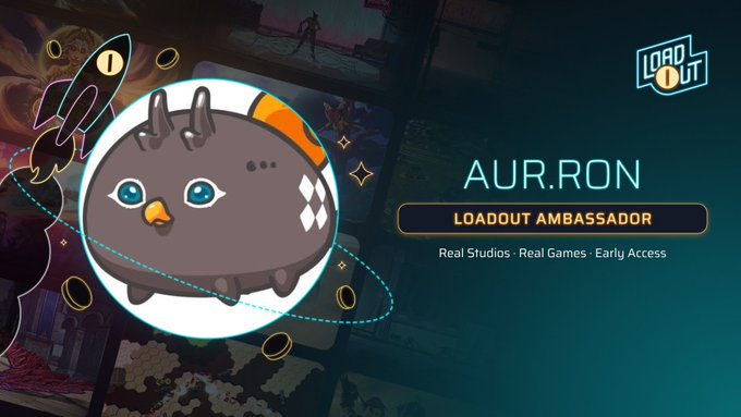 A promotional graphic for 'AUR.RON' labeled as a 'LOADOUT AMBASSADOR' with the text 'Real Studios · Real Games · Early Access' and a 'LOAD OUT' logo in the corner.