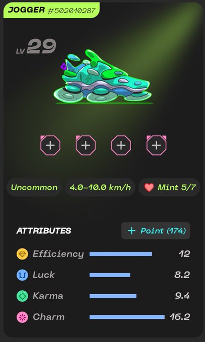 The image shows a phone screen displaying information about an item, possibly a shoe or a piece of clothing. The screen has a list of attributes and their corresponding values, such as "Uncommon", "Efficiency", "Point", and "Mint". The post in question is titled "StepNGO" with the number "29" at the top.