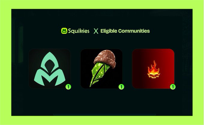 A graphic titled 'Squirries X Eligible Communities' showing three icon cards (a green hooded figure, a leaf with an acorn hat, and a fire symbol), each marked with a '1' badge.