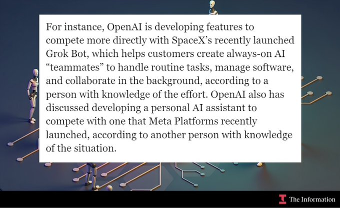 An excerpt from The Information discussing OpenAI's development of features to compete with SpaceX's Grok Bot and Meta Platforms' personal AI assistant.