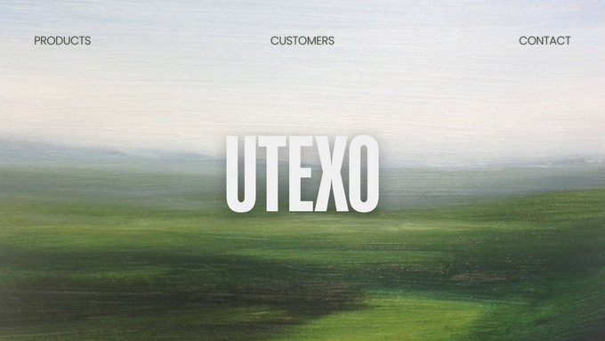 A minimalist website header featuring a painted landscape of green fields and misty hills, with the text 'UTEXO' in large white letters and navigation links for 'PRODUCTS', 'CUSTOMERS', and 'CONTACT'.