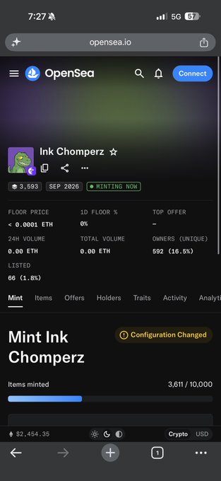 A mobile screenshot of the OpenSea NFT marketplace showing the "Ink Chomperz" collection with a floor price of < 0.0001 ETH, a listing of 56 (1.8%), and 3,611 out of 10,000 items minted.
