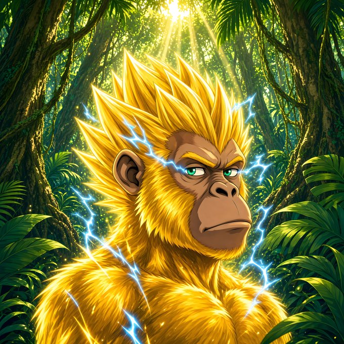 A powerful golden-furred primate warrior with glowing teal eyes and crackling electric energy stands amidst a sunlit jungle, embodying the fierce and electrifying spirit of the PrimalApesRH NFT collection launching on Robinhood Crypto.
