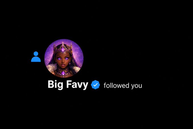 The image features a social media post that includes a picture of a woman wearing a crown or tiara with the caption "Big Favy followed you" written below her profile picture. The post also contains text about an onchain economy, meme culture, and prediction markets. The focus is on the interaction between the user's profile picture and the post content.