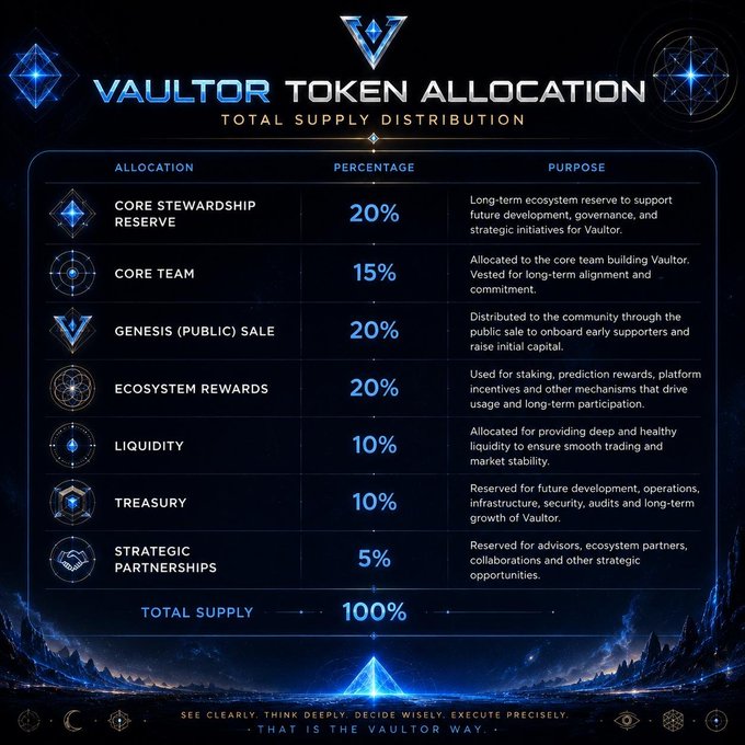 An infographic titled 'VAULTOR TOKEN ALLOCATION' detailing a 100% total supply distribution across categories like Core Stewardship Reserve (20%), Core Team (15%), and Ecosystem Rewards (20%).