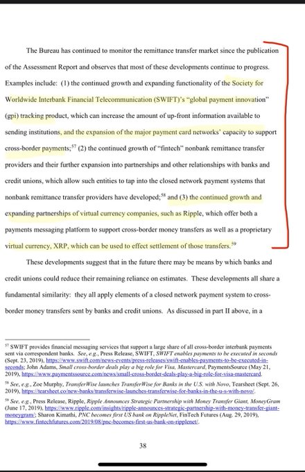 The image shows page 38 of a Bureau document discussing developments in the cross-border remittance market, highlighting three examples: SWIFT's global payment innovation (gpi), "fintech" nonbank remittance transfer providers, and the growth of virtual currency companies like Ripple, which offers XRP as a proprietary virtual currency for settlement. The accompanying claim about SWIFT GPI leveraging XRP as a settlement asset is misleading, as the document merely notes Ripple's expansion and XRP's potential for effecting cross-border transfers—not a documented integration between SWIFT GPI and Ripple's network for using XRP as a settlement asset within SWIFT's system.