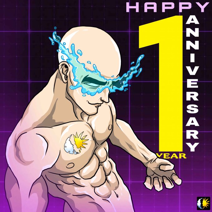 Comic-style illustration of a muscular bald humanoid with a planet-Earth patterned chest emblem and a blue water-like energy beam emitting from its eyes. Text reads 'HAPPY ANNIVERSARY 1 YEAR' against a purple grid background.