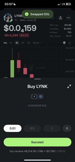 A mobile phone screenshot of a crypto trading app showing a 'LYNK' token swap that was successful, with a price chart displaying a massive drop to $0.004159 (-64.5%) and 0.0534939 SOL exchanged for 48,314.56 LYNK.