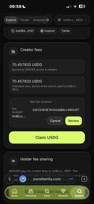 A mobile app screenshot showing a 'Creator fees' page with 70.457833 USDG earned, claiming options, holder fee sharing details for token 0x8Ecc...9851, and navigation tabs including Explore, Forum, and Analytics.