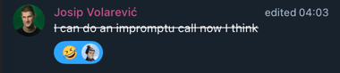 The image shows a Discord message from "Josip Volarević" with the text "I can do an impromptu call now I think" accompanied by two emojis, with an "edited 04:03" timestamp. The message humorously responds to the post asking for someone to clone an NFT, suggesting he's available for a call to assist with the request.