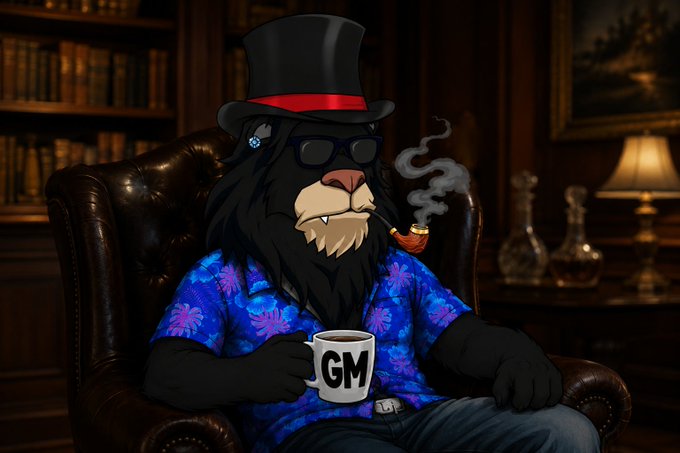 An illustrated black panther wearing a top hat, sunglasses, and a blue floral Hawaiian shirt sits in a leather armchair smoking a pipe and holding a mug labeled "GM."