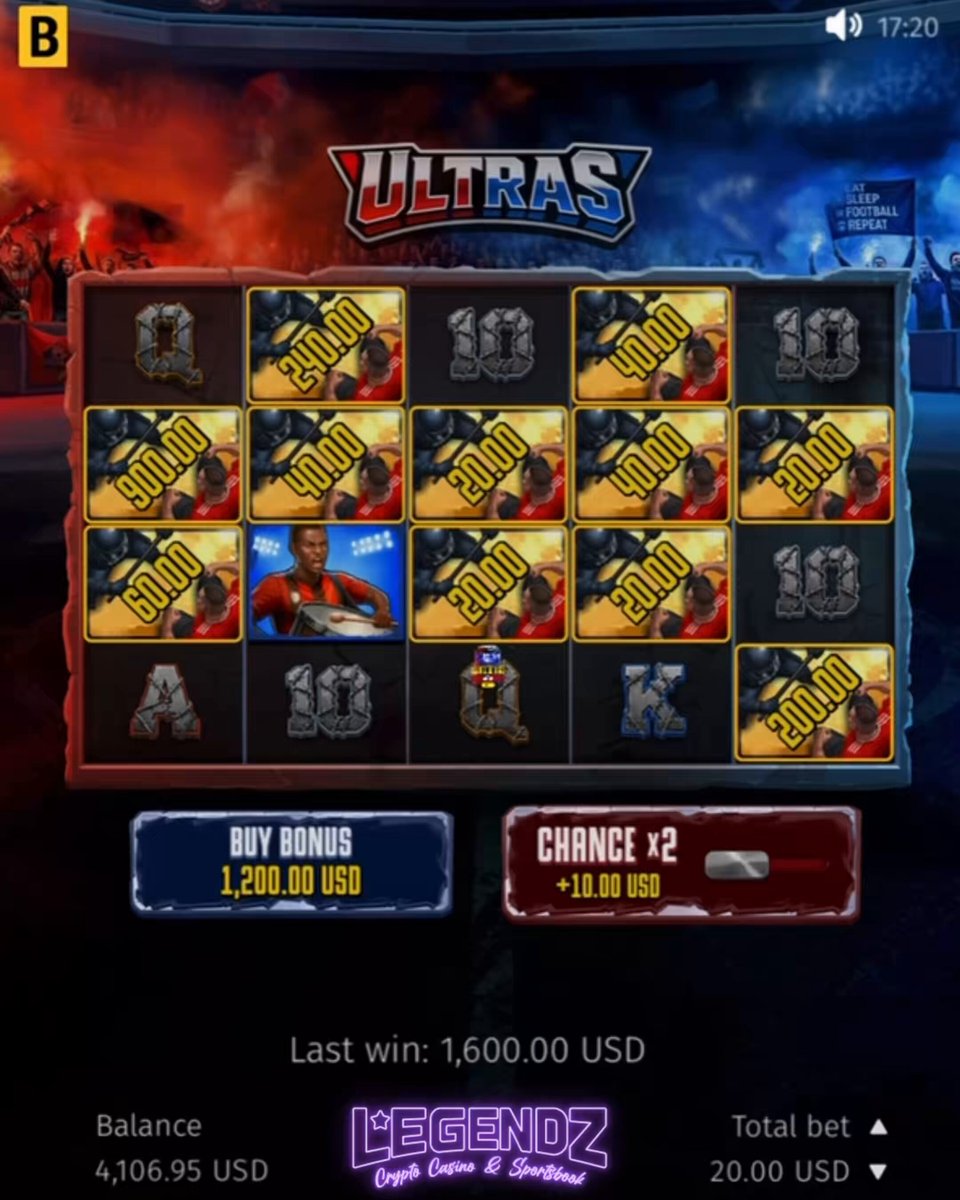 This image features a slot machine with multiple paylines and offers. The primary focus of the image is on one particular slot machine titled "ULTRAS", which appears to have games that feature superheroes or athletes, like basketball players or soccer players. 

The slot machine has several colorful paylines with various prizes up for grabs. There are options such as "BASE", "CHANCE 2", and "LAST WIN $16,00". Additionally, there is a small screen that shows the current game's balance of 10,000 US dollars and offers related information like deposit bonus amounts and the total amount won. 

The image includes text which provides context to the slot machine, such as mentioning it is available on LegendsxSolana, and its potential payouts in US dollars.